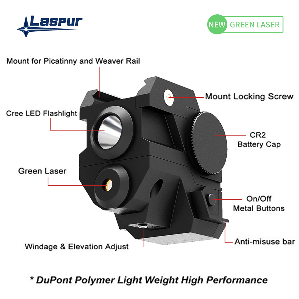 Laspur Sub Compact Green Laser Sight with Flashlight Combo Rechargeable Battery 